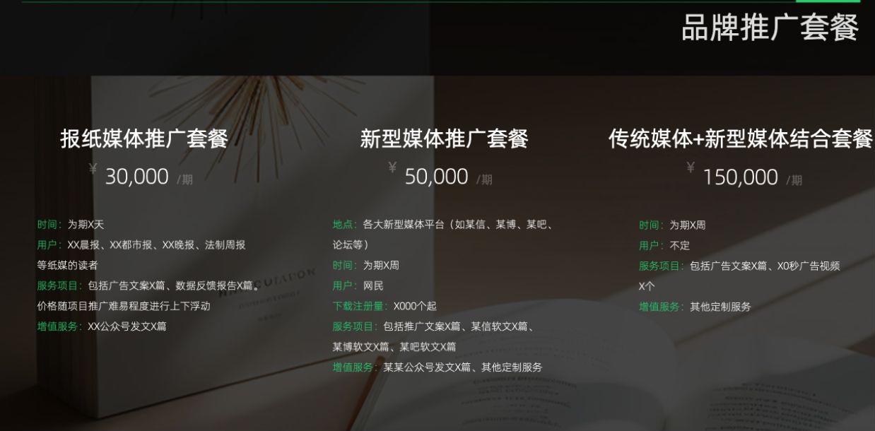 品牌推广套餐按报纸媒体、新型媒体及组合方案分列展示